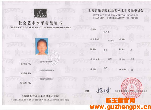 沈芮冰 古筝专业叁级证书